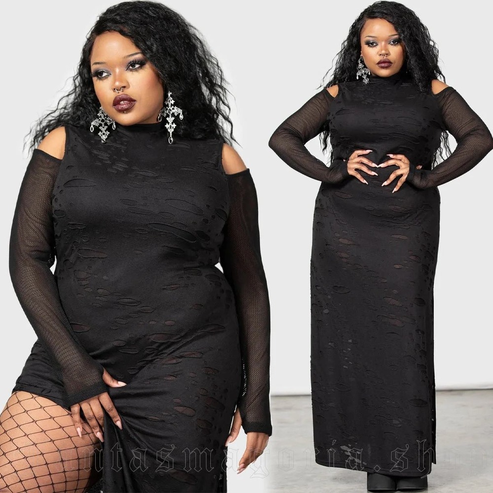 Killstar biters maxi dress black distressed mesh sleeve cold shoulder goth